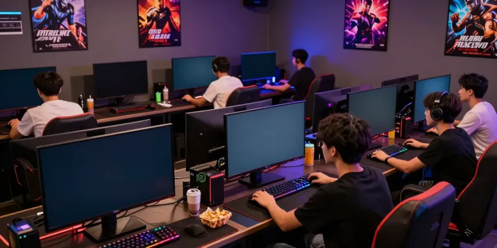 Kilat 404 gaming lounge with players enjoying multiplayer games in vibrant atmosphere.