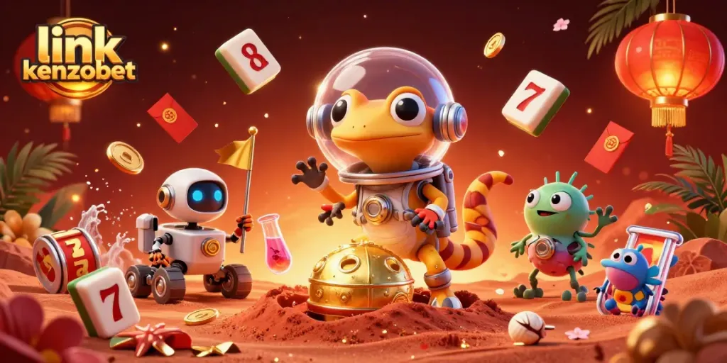 Earn rewards with link kenzobet in an ultra-detailed scene featuring a Martian gecko and casino elements.