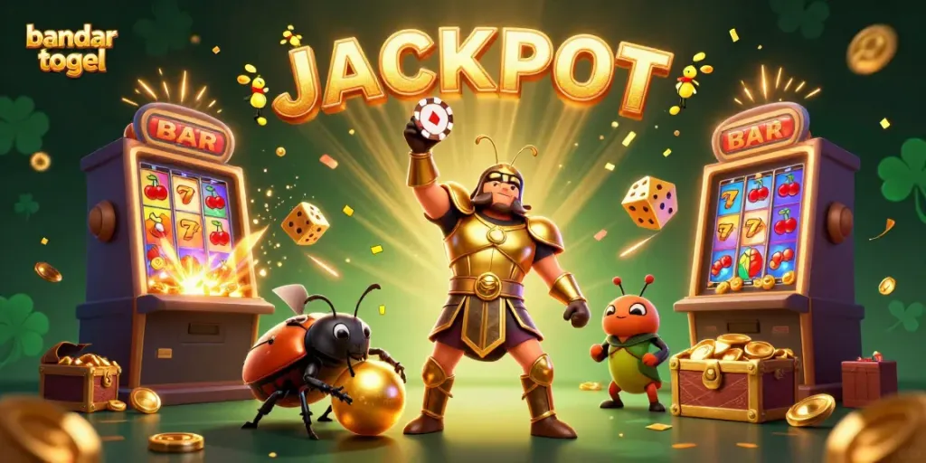 Bandar togel merayakan jackpot dengan karakter serangga dan mesin slot penuh koin