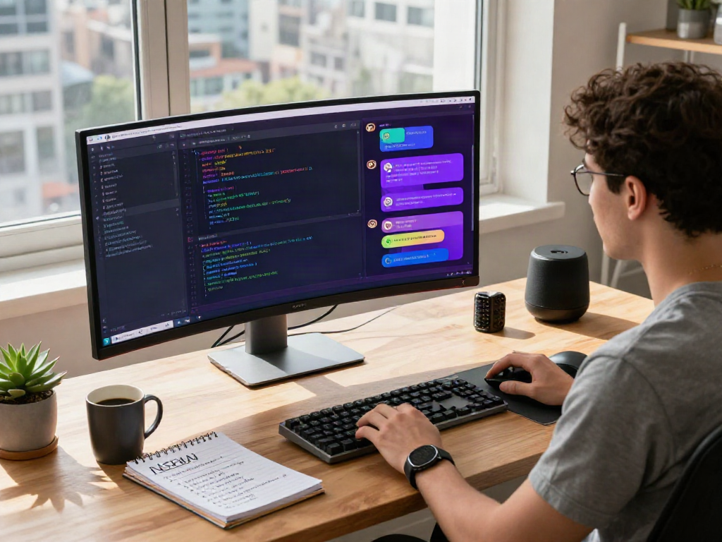 AI chat NSFW design workspace with developer coding at a modern desk, showcasing technology and productivity.