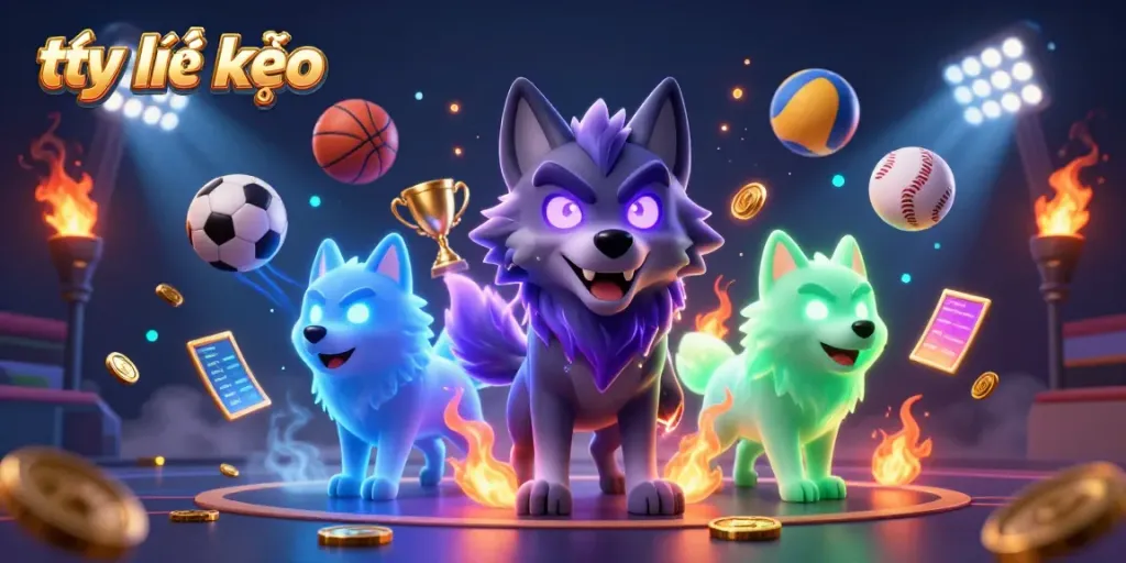 Dynamic scene showcasing tỷ lệ kèo with sports balls and ghostly wolves, emphasizing online betting.