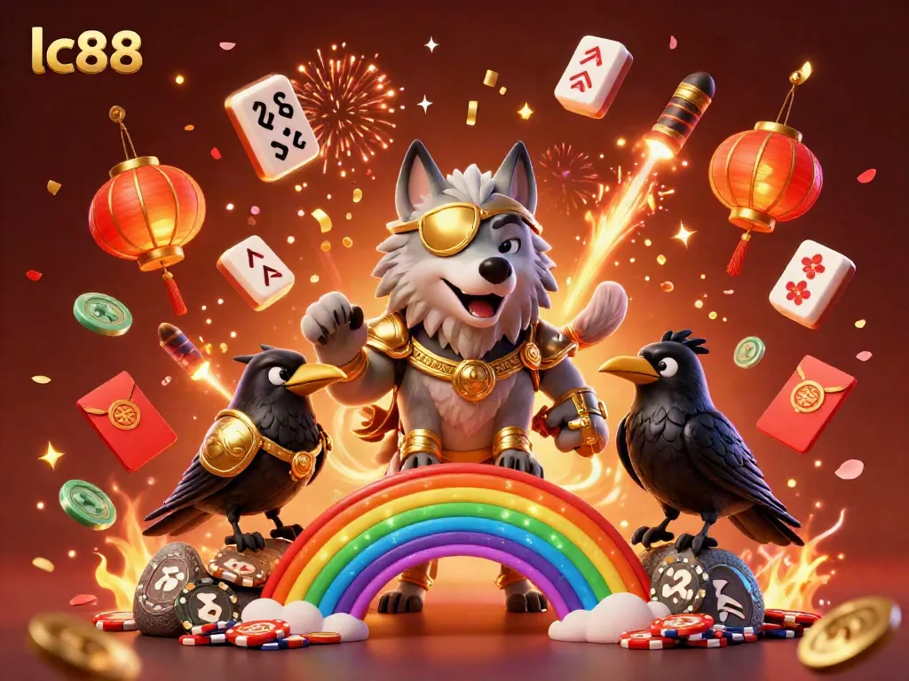 Experience the thrill at lc88 with vibrant golden casino-themed illustration showcasing Odin's wolf on a rainbow bridge.