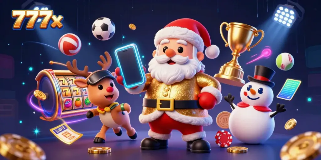 Santa Claus enjoys casino fun while playing jackpot slots at 777x, surrounded by festive elements.