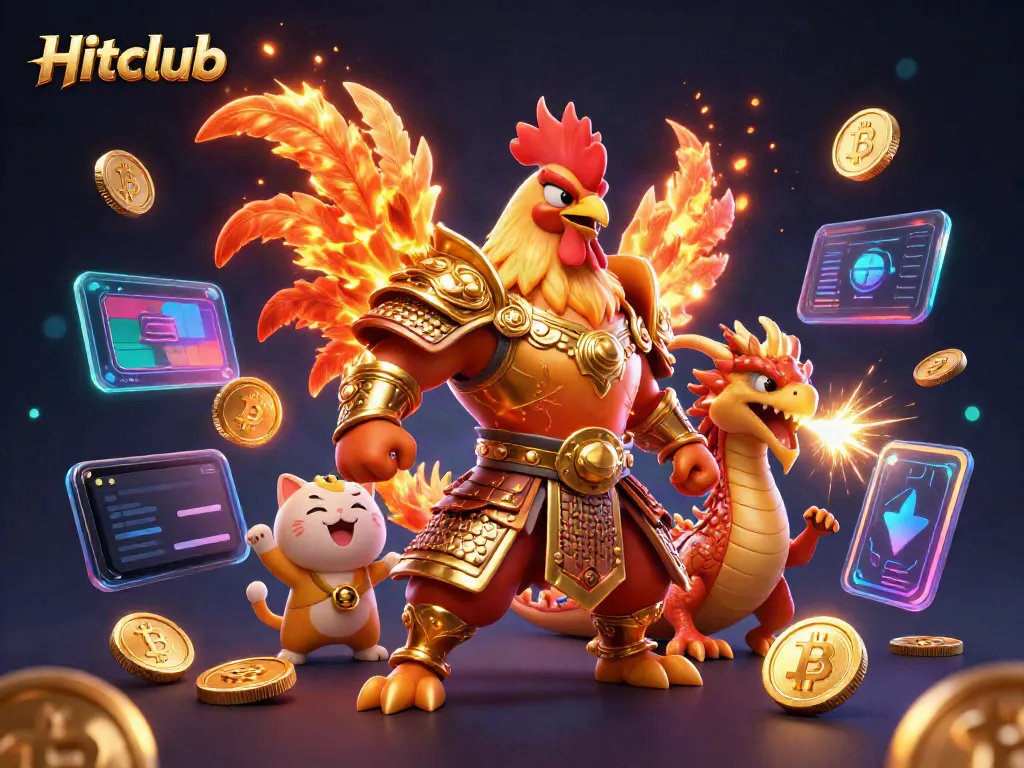 Engage with Hitclub, the premier gaming platform featuring a warrior rooster and dragon mascot amidst bitcoin and ethereum elements.