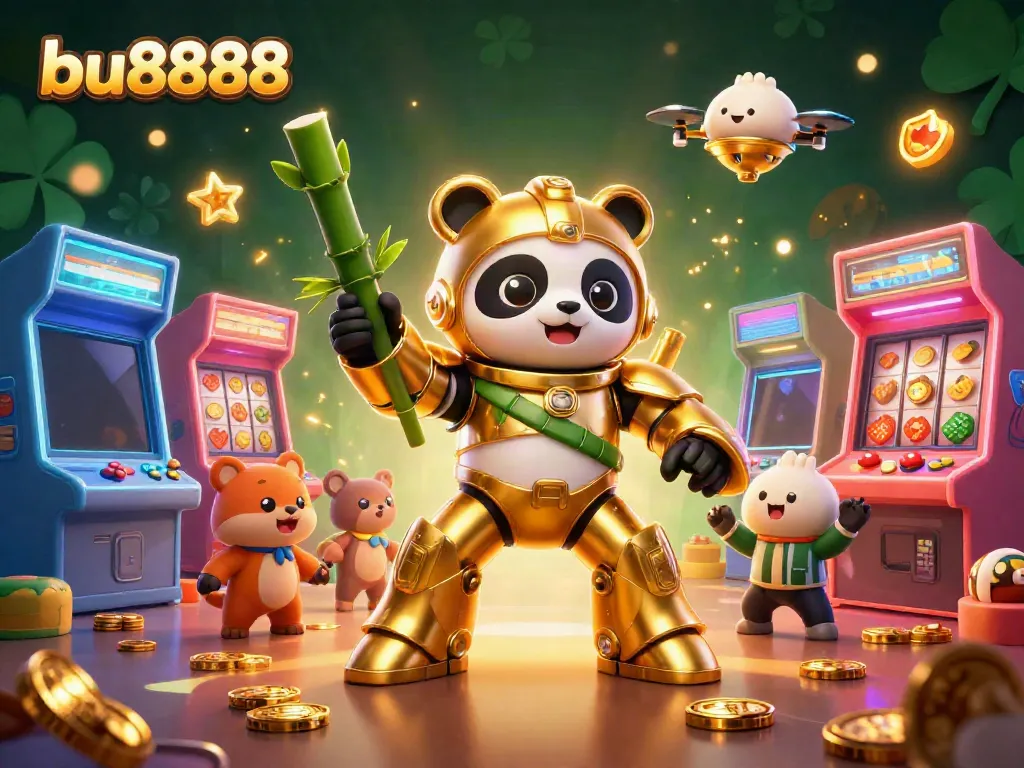 Engage in exciting action at bu8888 with the golden panda piloting a bamboo robot in a dynamic casino scene.