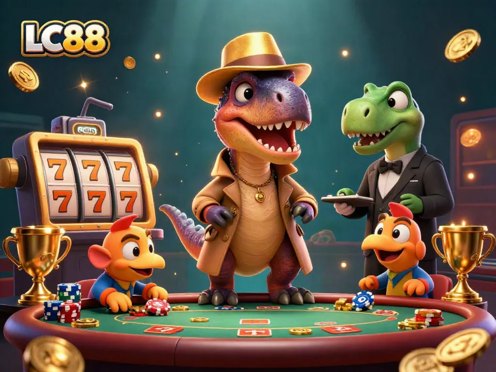 LC88 velociraptor counters cards while Stegosaurus supervises at a vibrant casino scene.