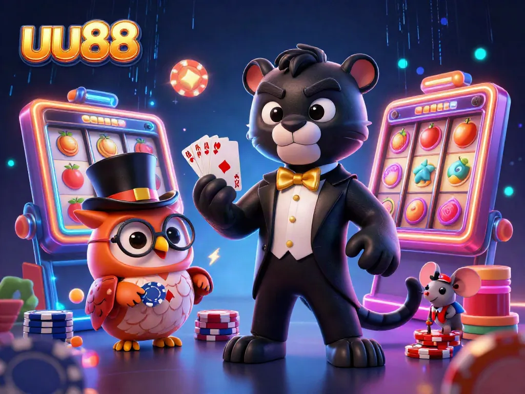 uu88's dynamic casino scene with a stylish black panther dealing cards, an owl holding chips, and a lucky mouse among slot reels.